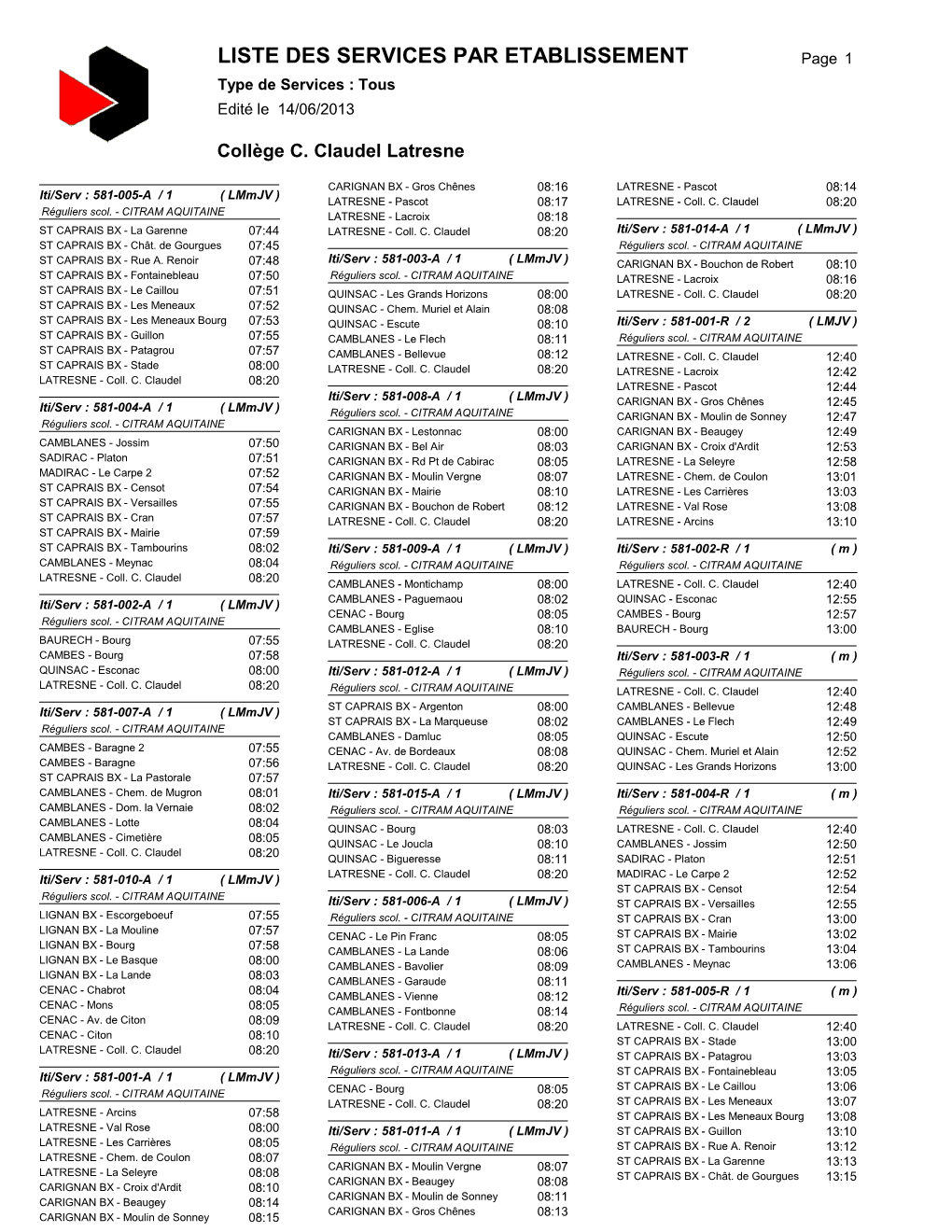 LISTE DES SERVICES PAR ETABLISSEMENT Page 1 Type De Services : Tous Edité Le 14/06/2013