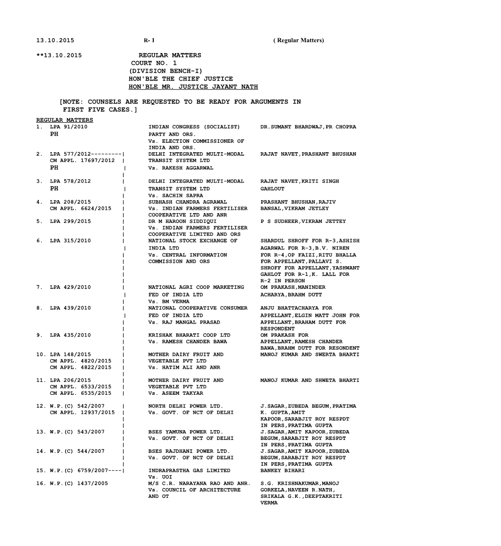 Regular Matters Court No. 1 (Division Bench-I) Hon'ble the Chief Justice Hon'ble Mr