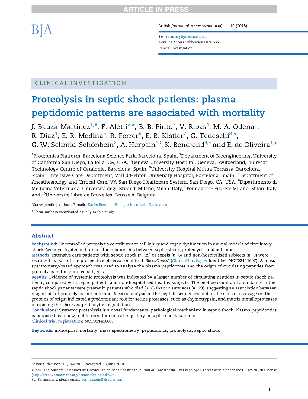 Proteolysis in Septic Shock Patients: Plasma Peptidomic Patterns Are Associated with Mortality J