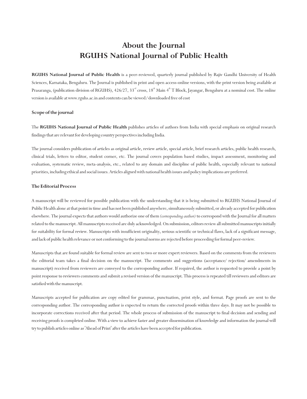 About the Journal RGUHS National Journal of Public Health