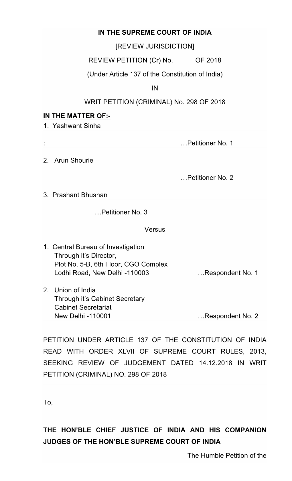REVIEW PETITION (Cr) No. of 2018 (Under Article 137 of the Constitution