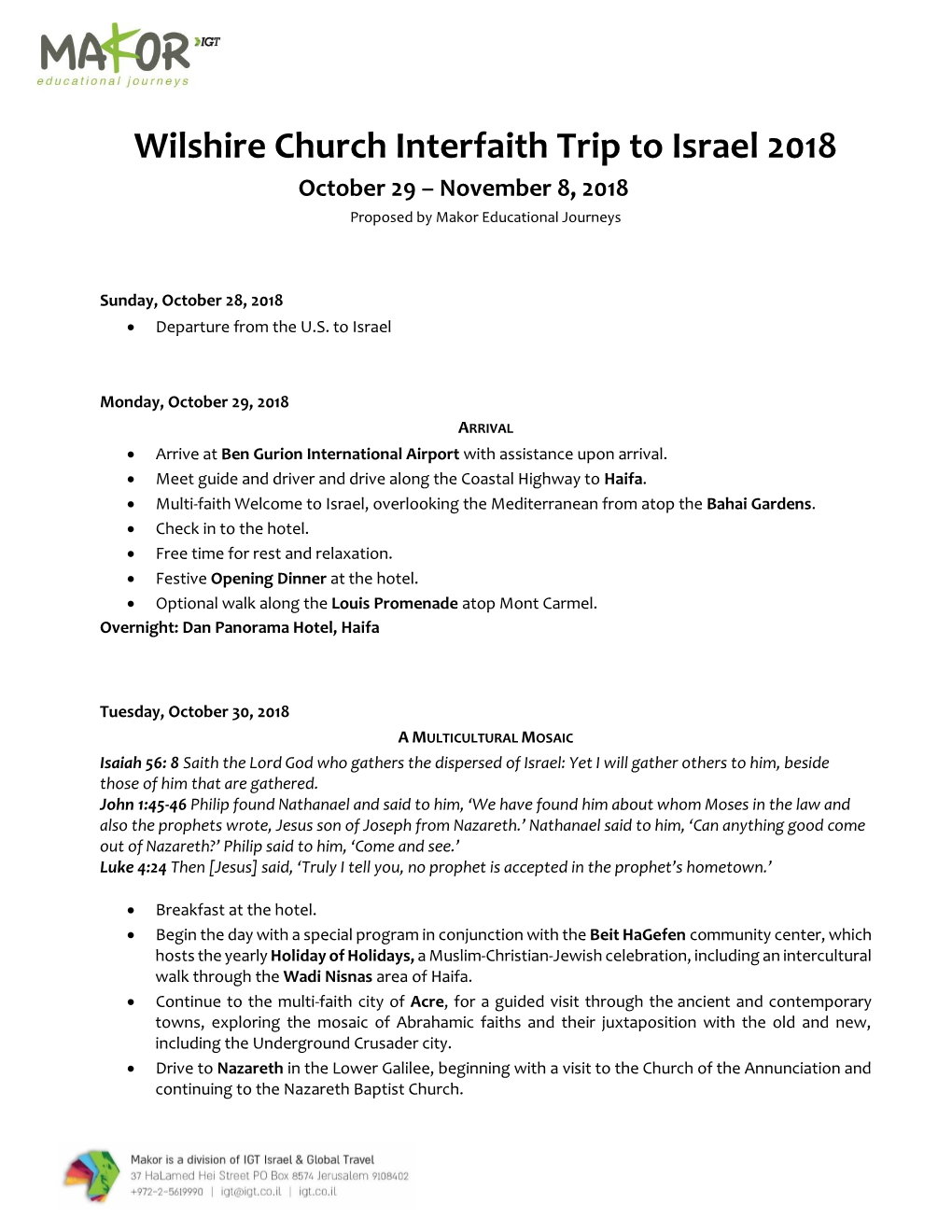 Wilshire Church Interfaith Trip to Israel 2018 October 29 – November 8, 2018 Proposed by Makor Educational Journeys