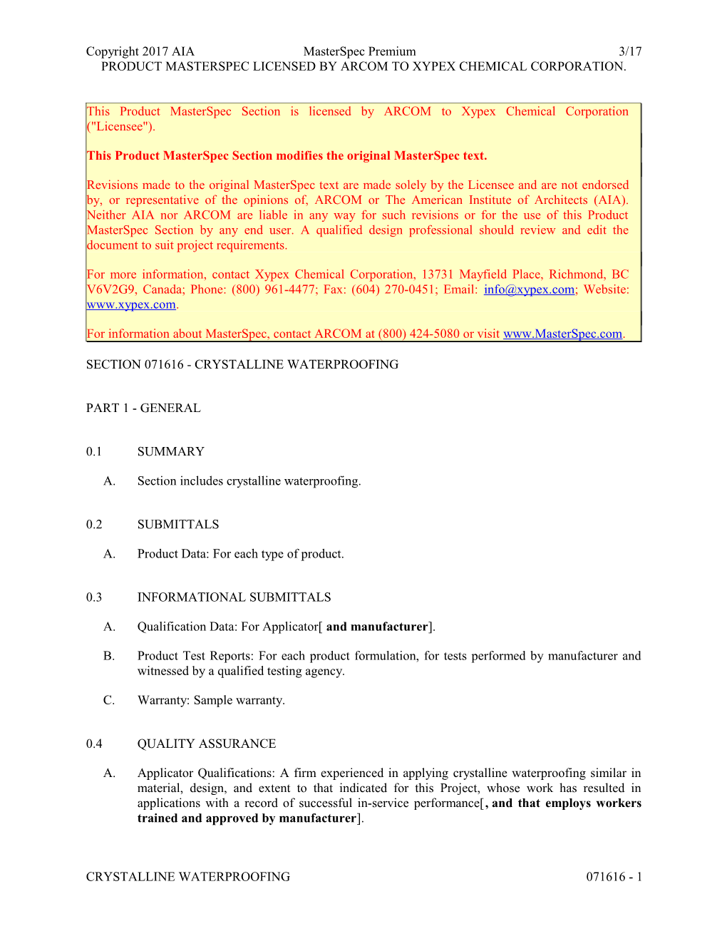 Section 071616 - Crystalline Waterproofing
