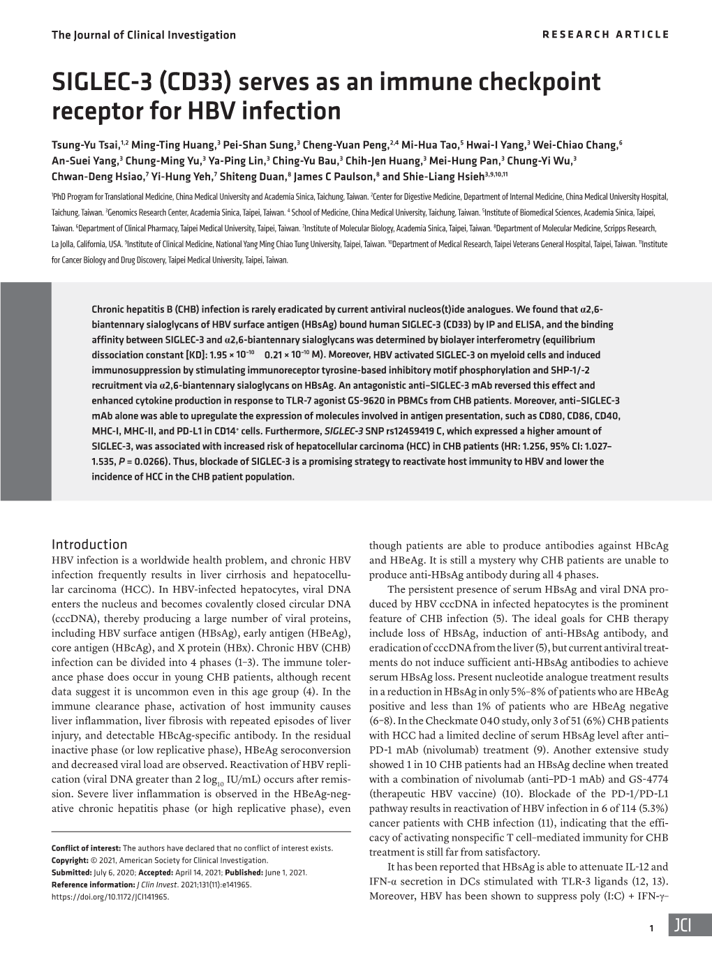 (CD33) Serves As an Immune Checkpoint Receptor for HBV Infection