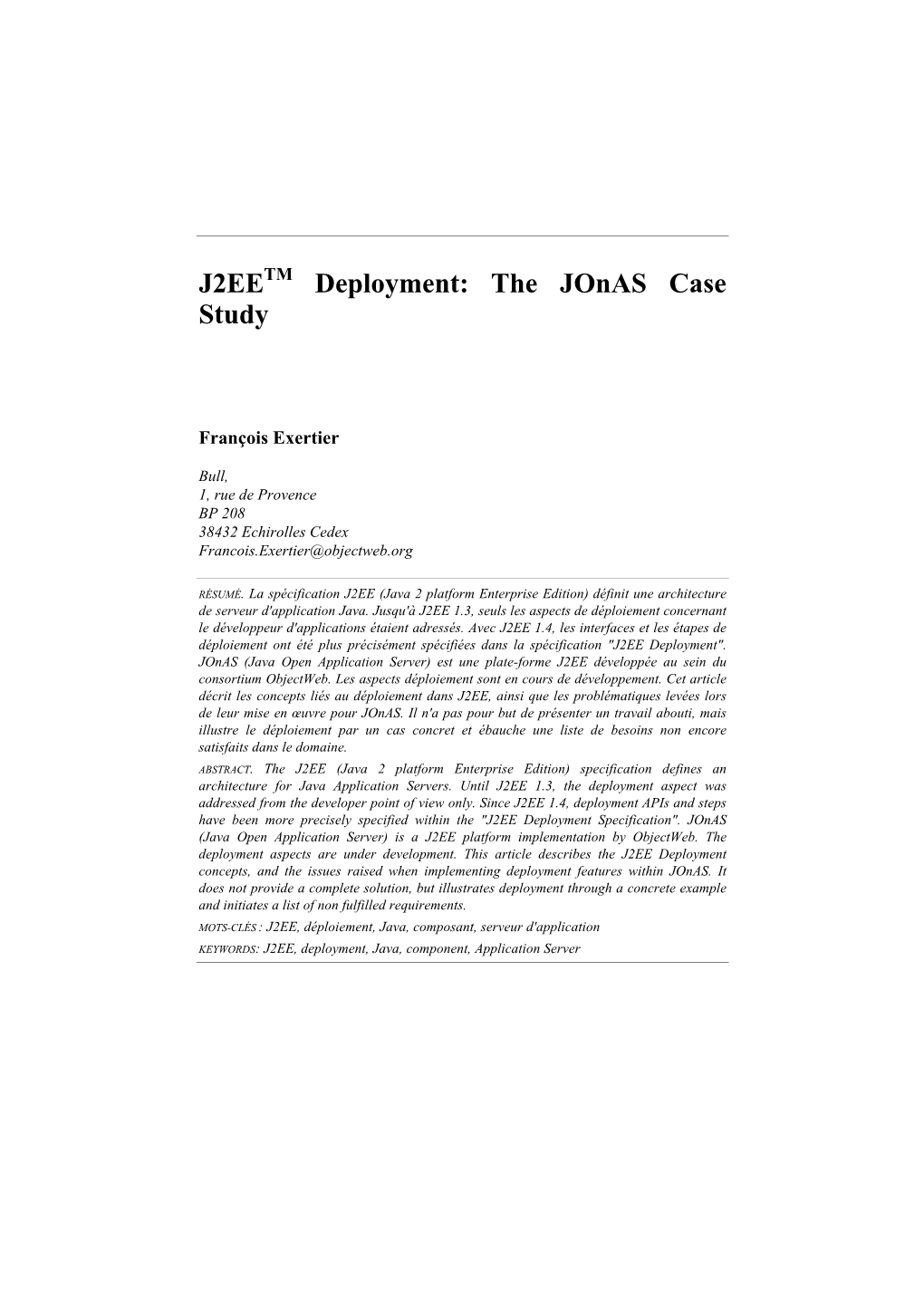 J2EETM Deployment: the Jonas Case Study