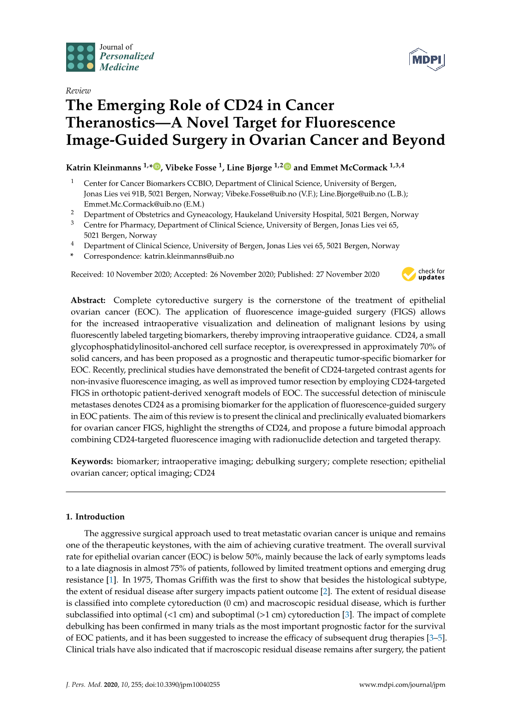 The Emerging Role of CD24 in Cancer Theranostics—A Novel Target for Fluorescence Image-Guided Surgery in Ovarian Cancer and Beyond