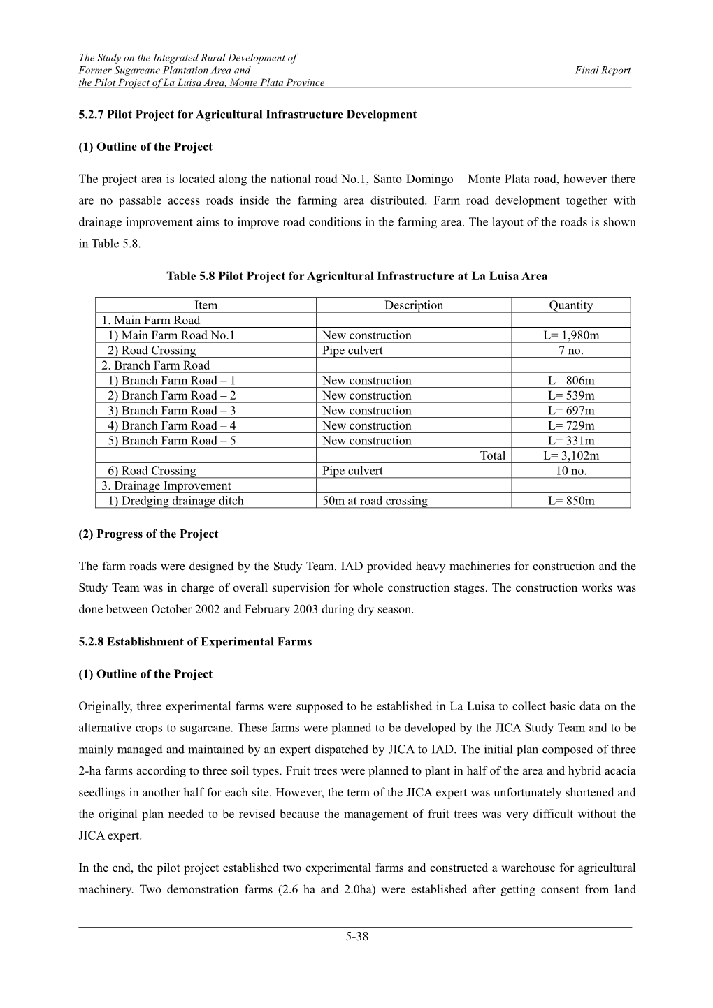 5-38 5.2.7 Pilot Project for Agricultural Infrastructure Development (1