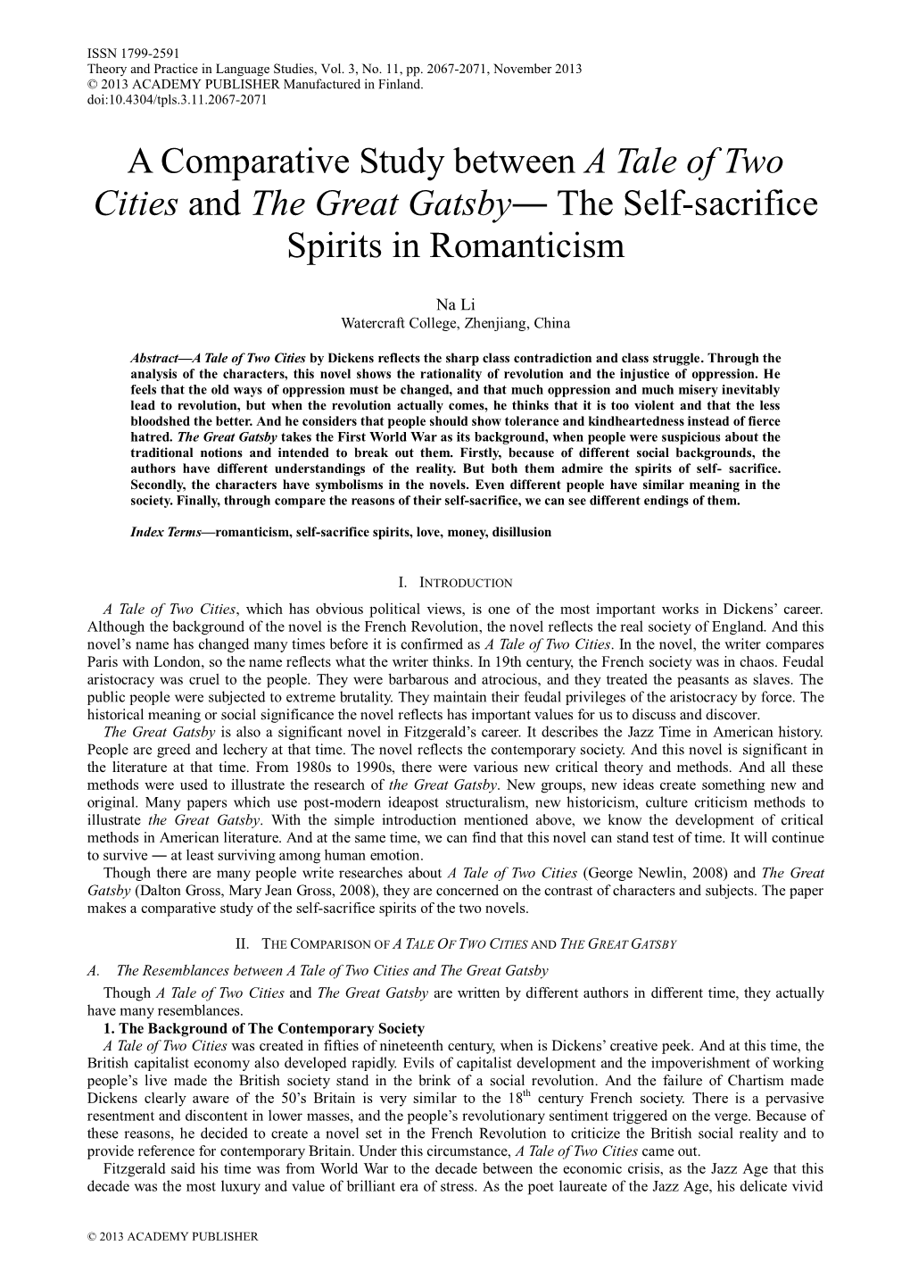 A Comparative Study Between a Tale of Two Cities and the Great Gatsby― the Self-Sacrifice Spirits in Romanticism