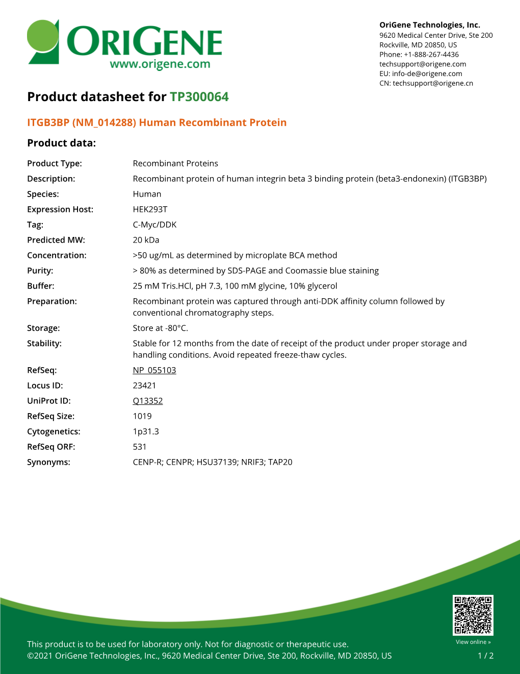 ITGB3BP (NM 014288) Human Recombinant Protein – TP300064