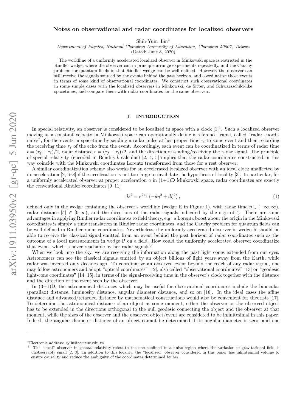 Notes on Observational and Radar Coordinates for Localized Observers