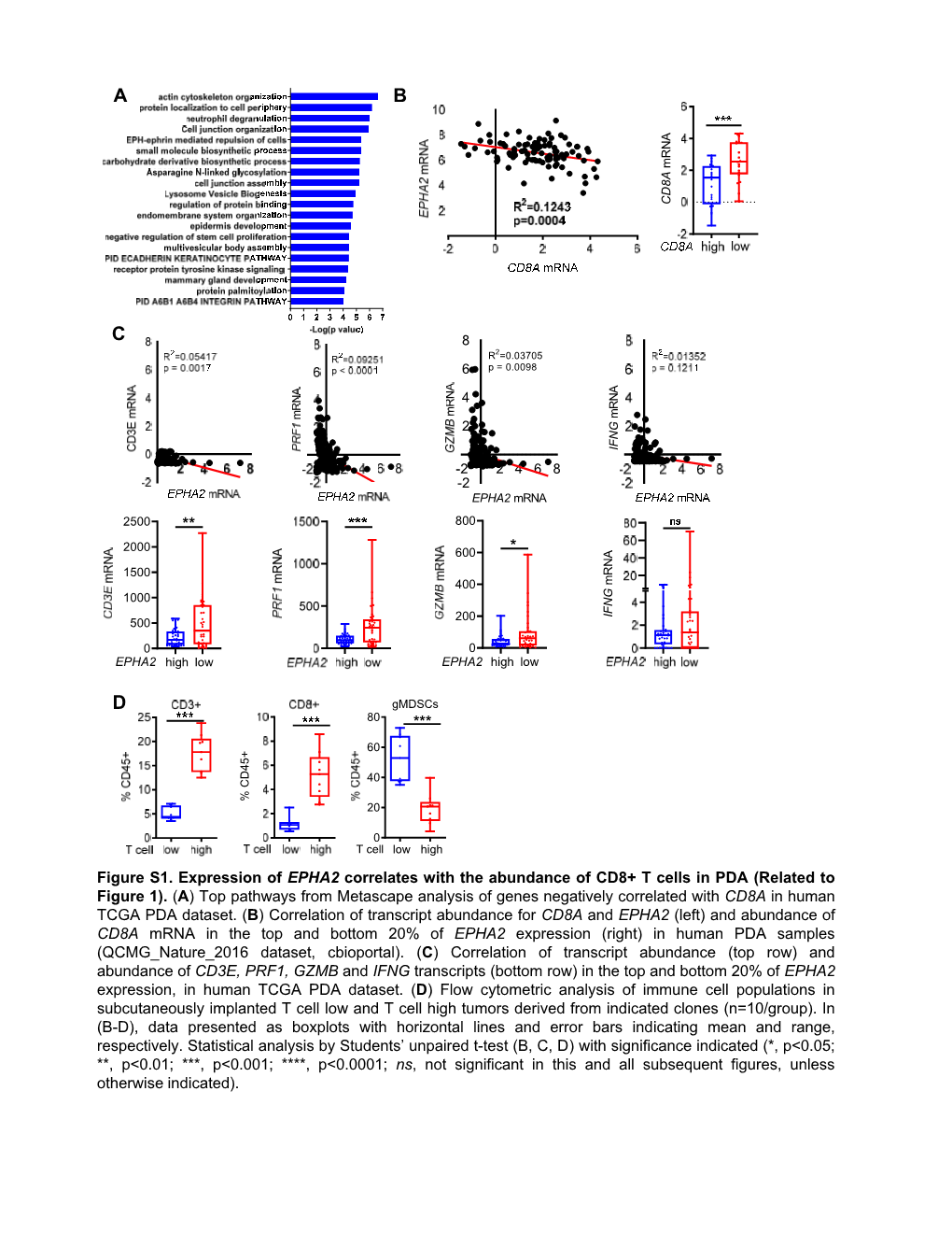 B and IFNG Transcripts (Bottom Row) in the Top and Bottom 20% of EPHA2 Expression, in Human TCGA PDA Dataset