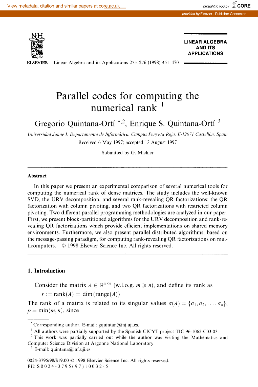 Parallel Codes for Computing the Numerical Rank '