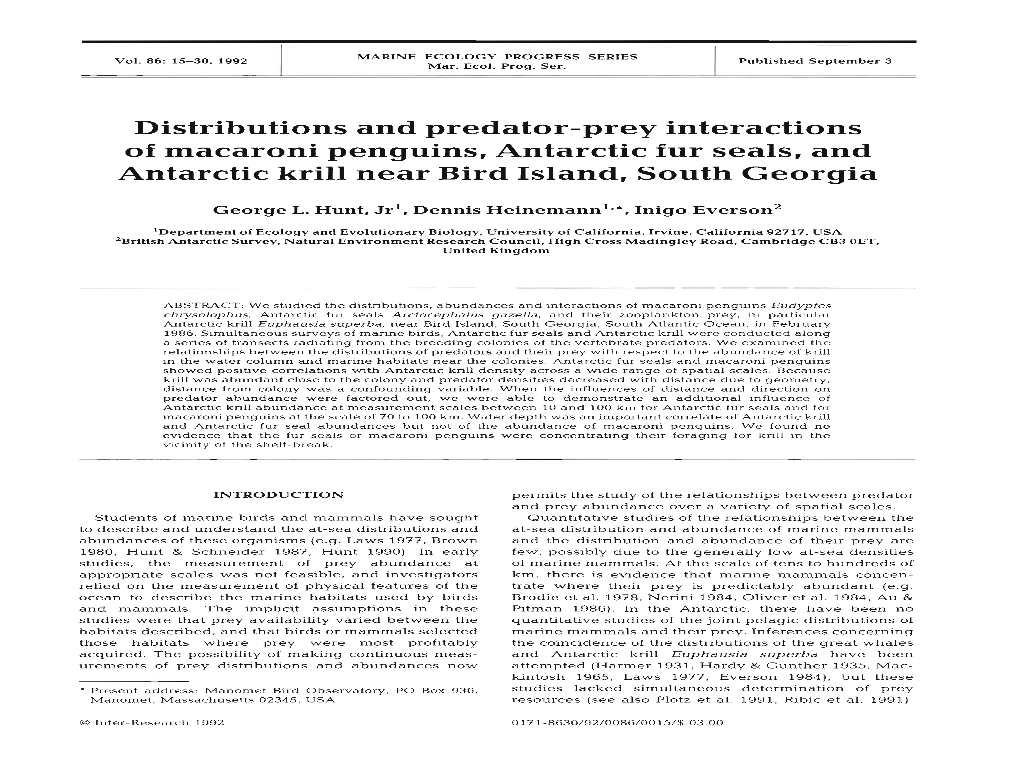 Distributions and Predator-Prey Interactions of Macaroni Penguins, Antarctic Fur Seals, and Antarctic Krill Near Bird Island, South Georgia