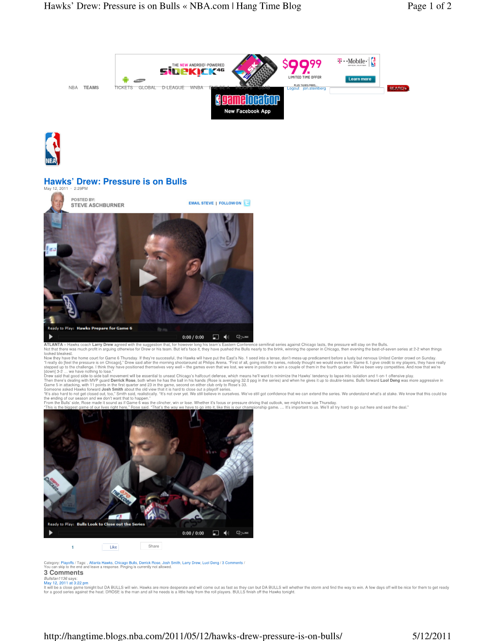Page 1 of 2 Hawks' Drew: Pressure Is on Bulls « NBA.Com | Hang Time