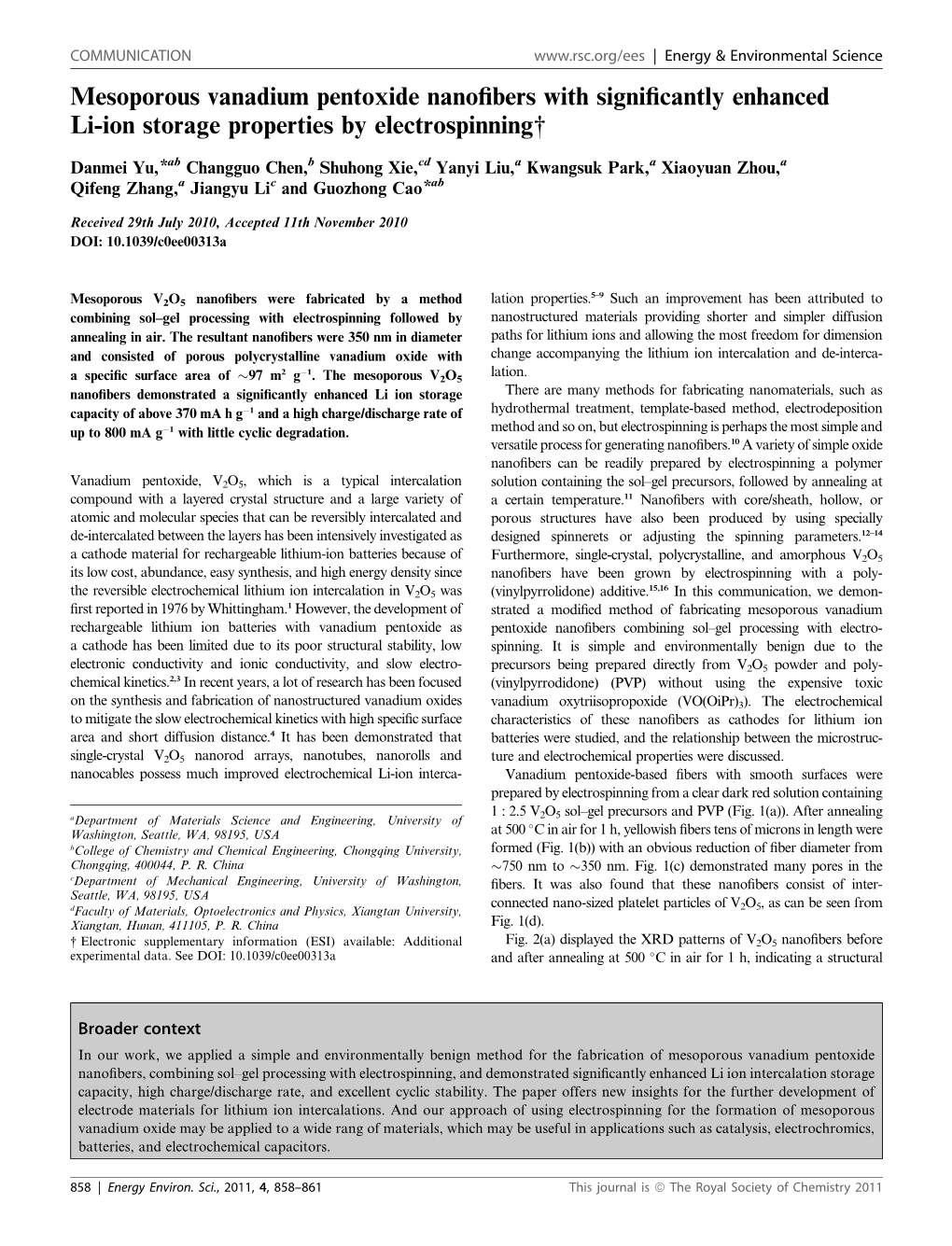 Mesoporous Vanadium Pentoxide Nanofibers with Significantly