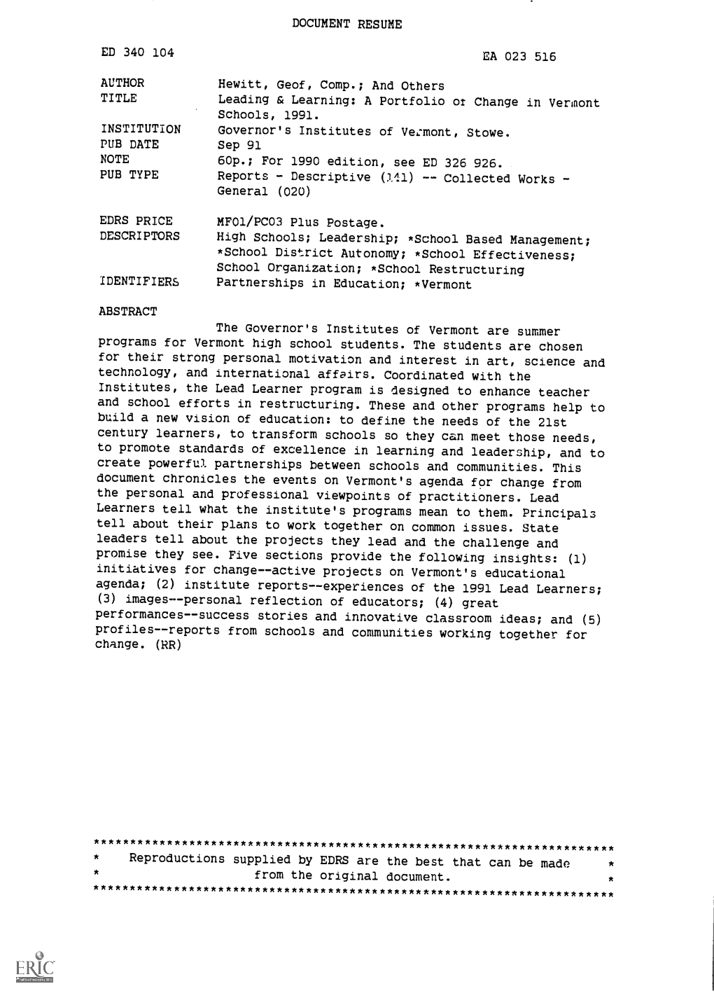 Leading & Learning: a Portfolio of Change in Vermont Schools, 1991