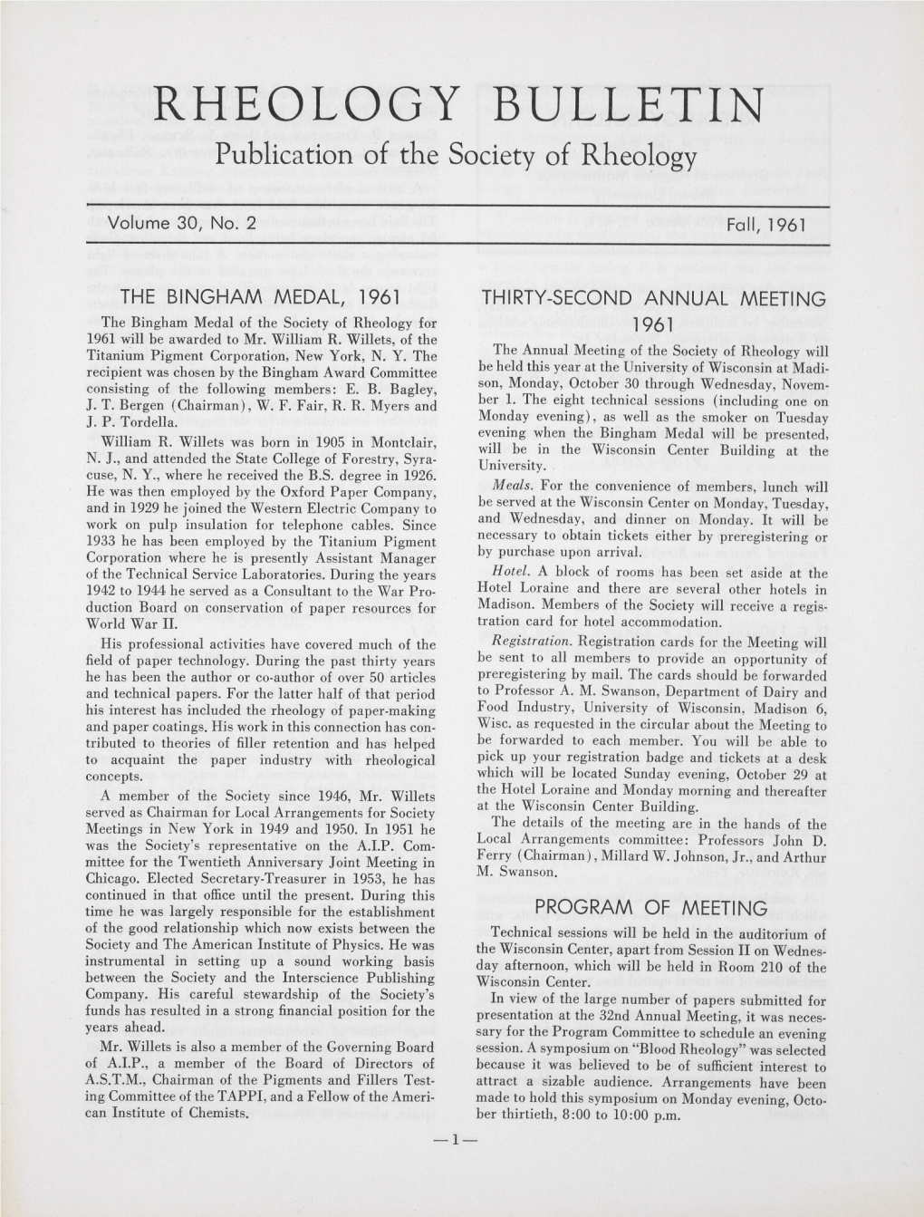 RHEOLOGY BULLETIN Publication of the Society of Rheology