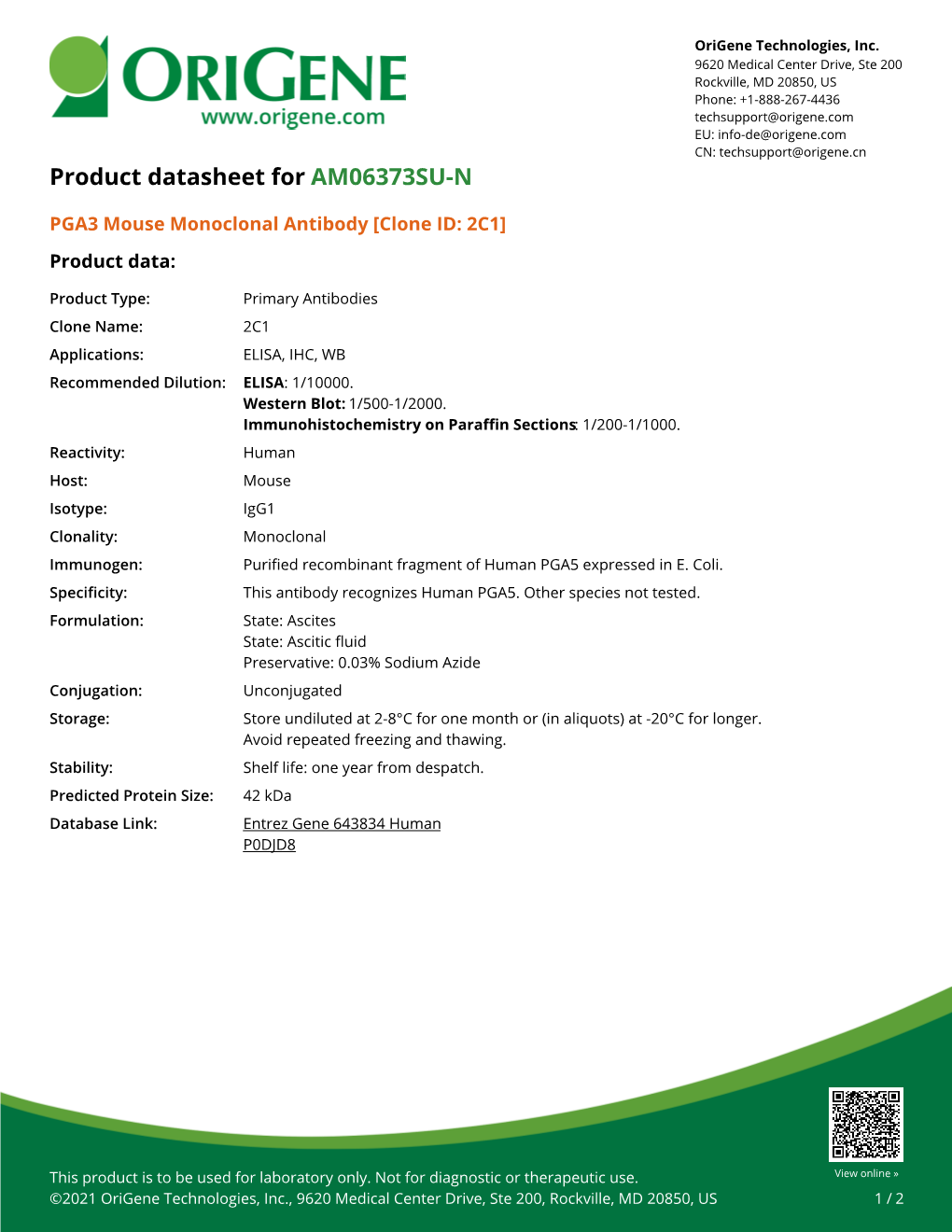 PGA3 Mouse Monoclonal Antibody [Clone ID: 2C1] Product Data