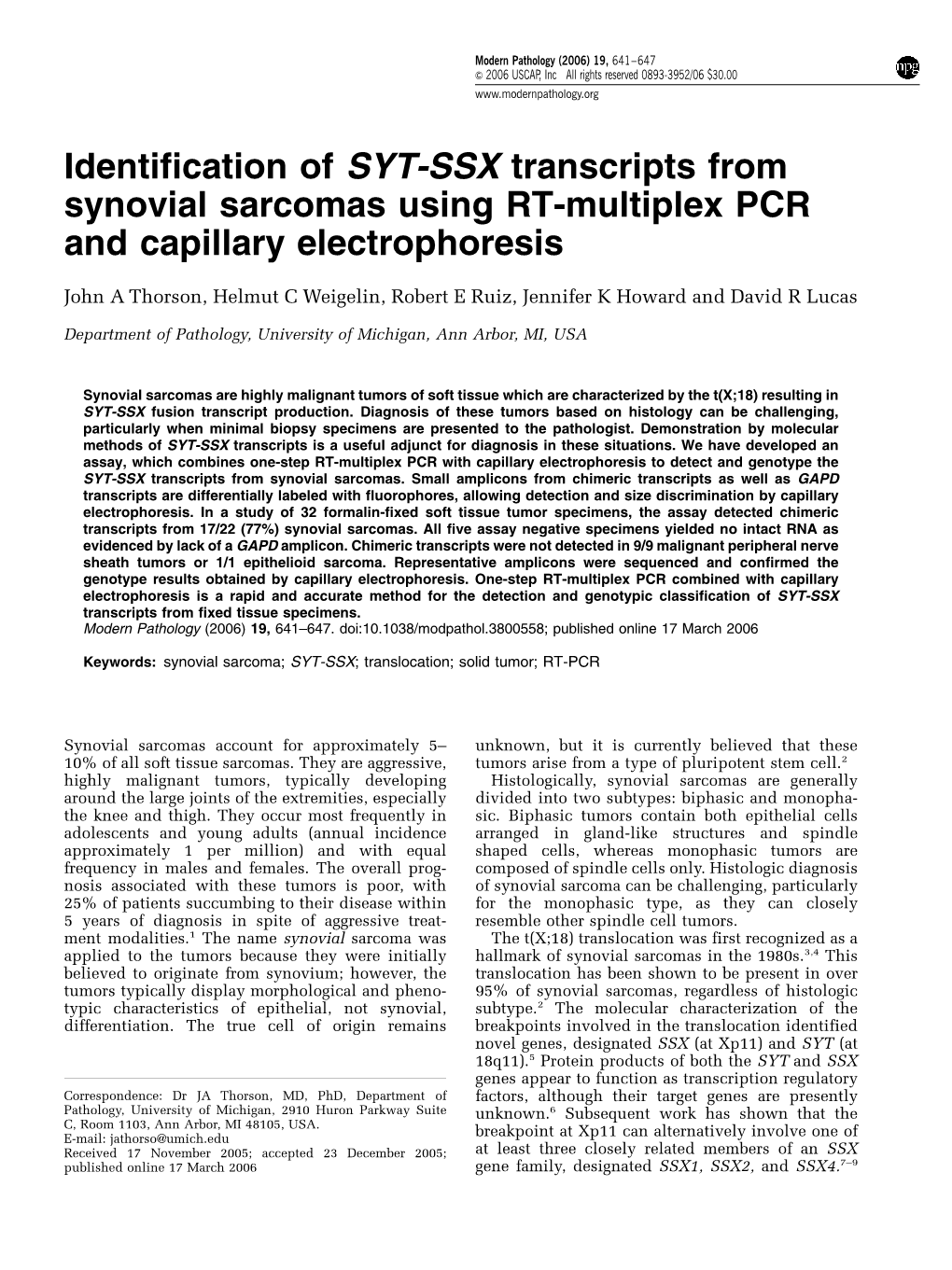 Identification of SYT-SSX Transcripts from Synovial Sarcomas Using RT-Multiplex PCR and Capillary Electrophoresis