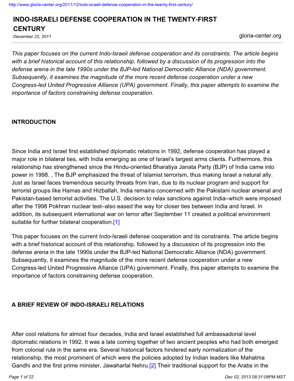 INDO-ISRAELI DEFENSE COOPERATION in the TWENTY-FIRST CENTURY December 22, 2011 Gloria-Center.Org