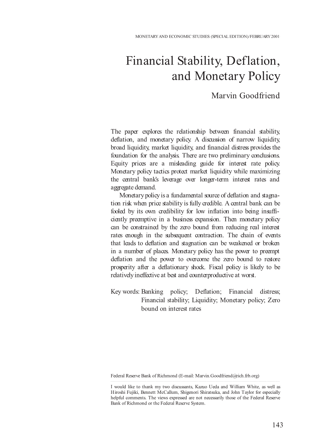 Financial Stability, Deflation, and Monetary Policy