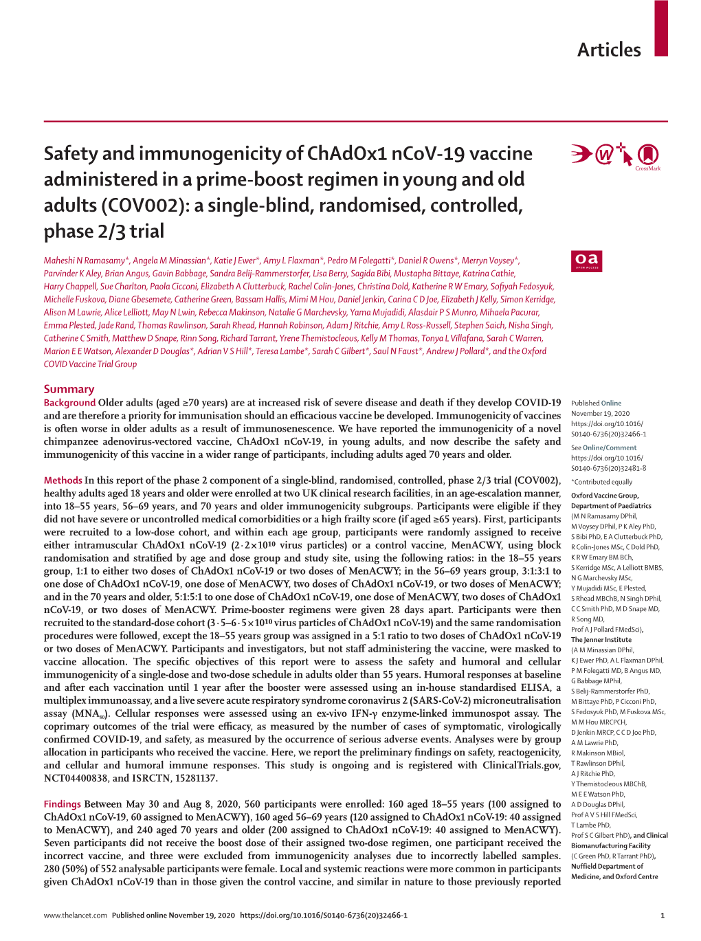 Safety and Immunogenicity of Chadox1 Ncov-19 Vaccine Administered in a Prime-Boost Regimen in Young and Old Adults (COV002)