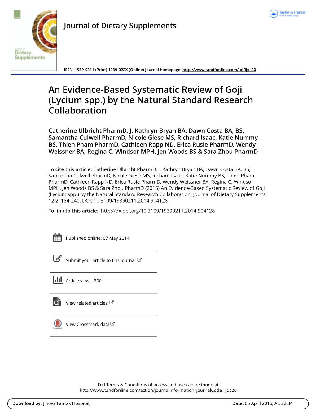 An Evidence-Based Systematic Review of Goji (Lycium Spp.) by the Natural Standard Research Collaboration