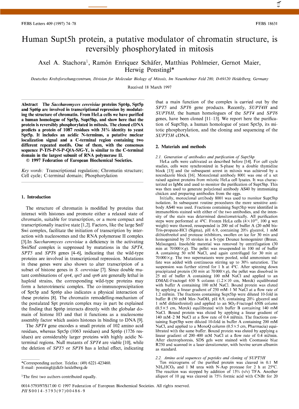 Human Supt5h Protein, a Putative Modulator of Chromatin Structure, Is Reversibly Phosphorylated in Mitosis