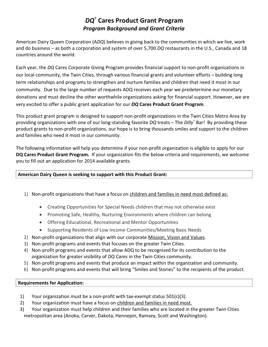 2014 DQ Product Grant Application