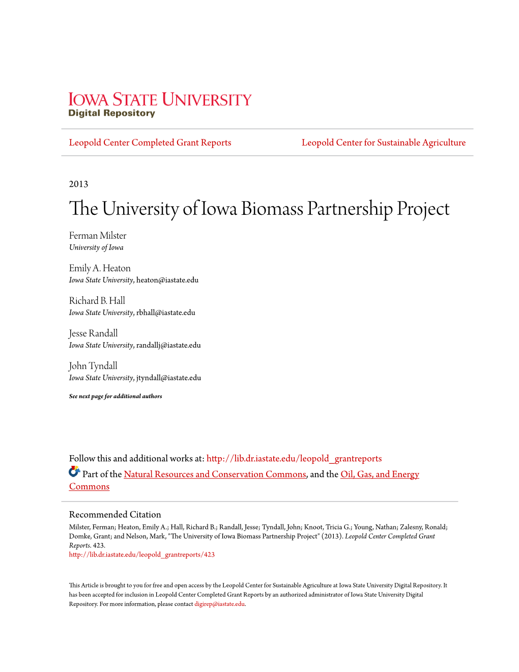 The University of Iowa Biomass Partnership Project