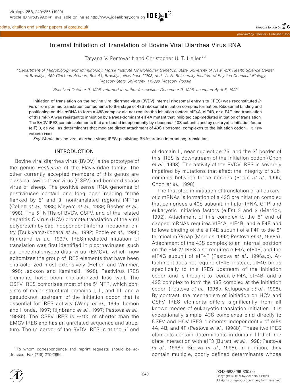 Internal Initiation of Translation of Bovine Viral Diarrhea Virus RNA