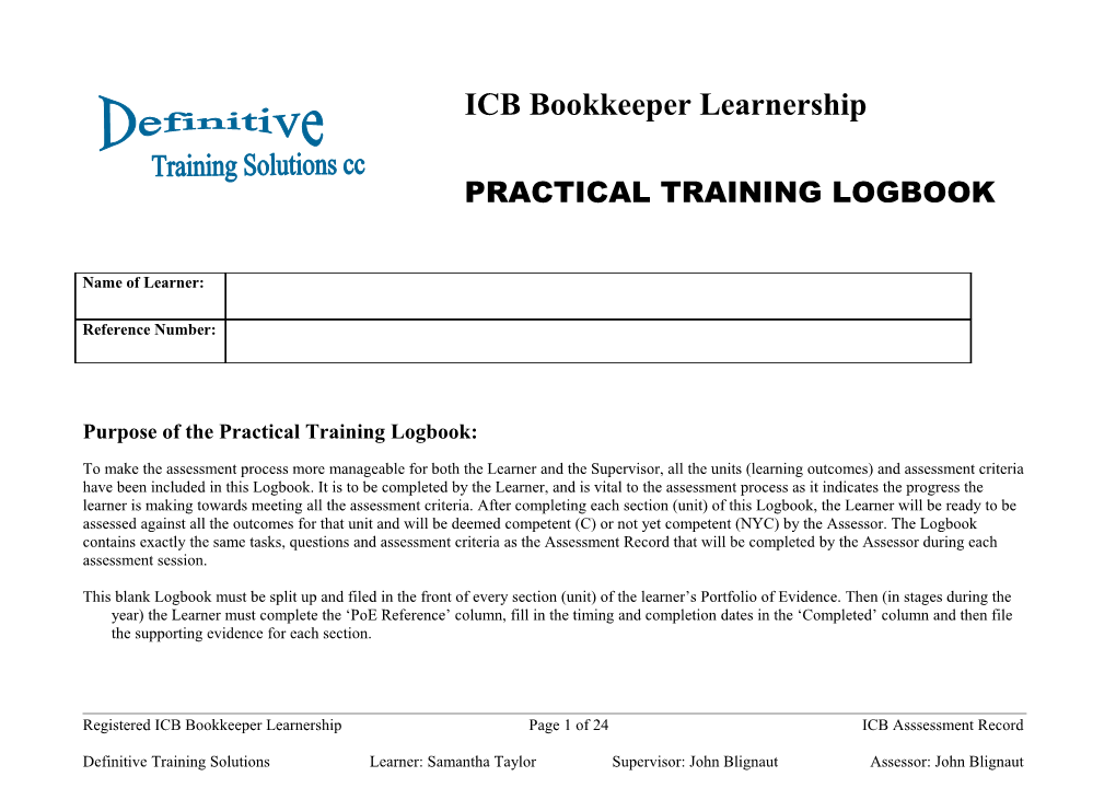 Purpose of the Practical Training Logbook