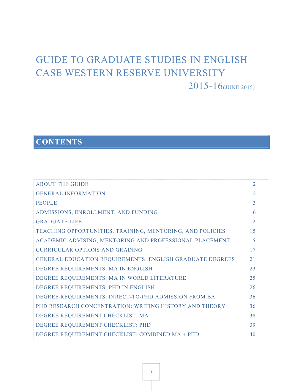 Guide to Graduate Studies in English Case Western Reserve University