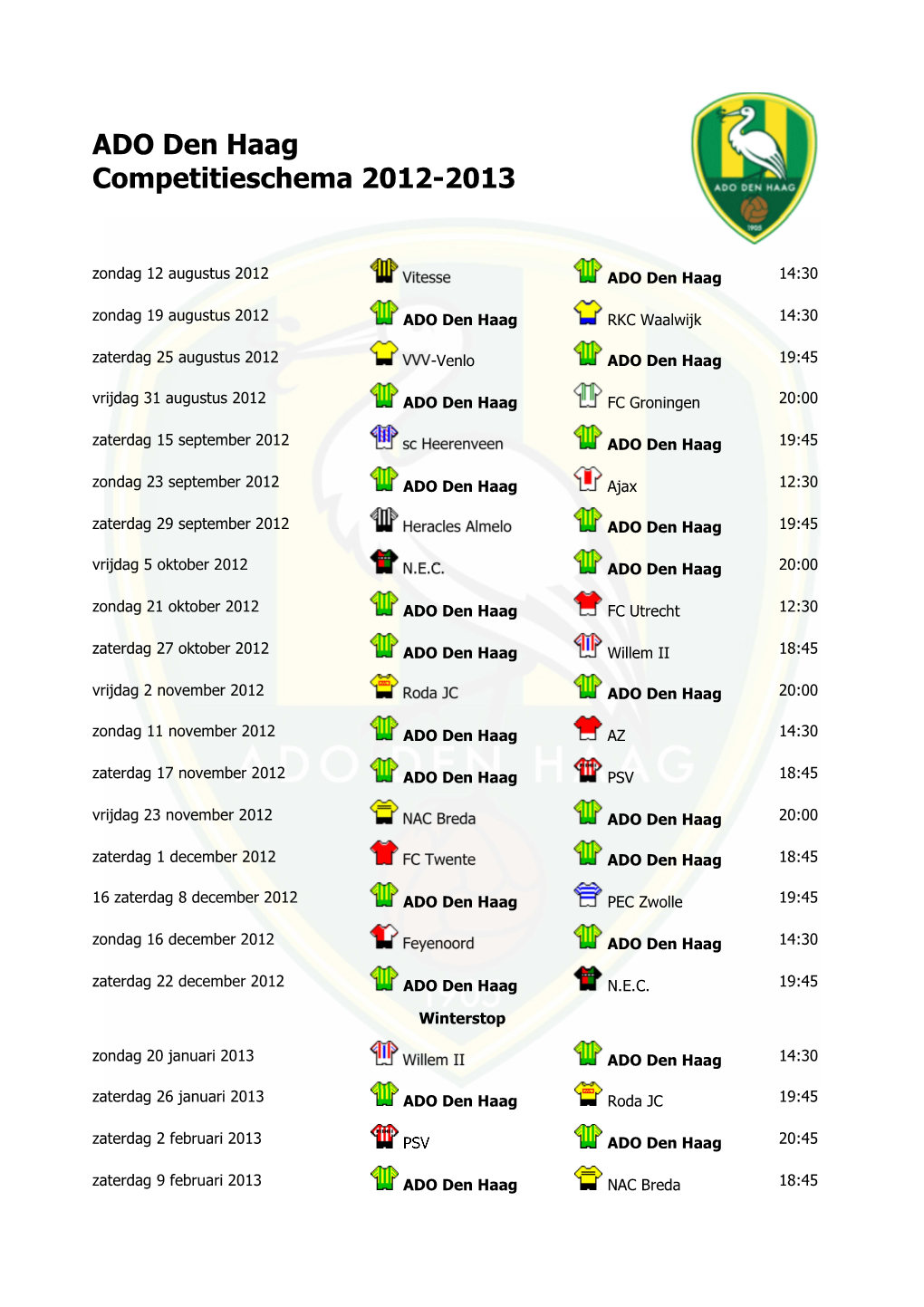 ADO Den Haag Competitieschema 2012-2013