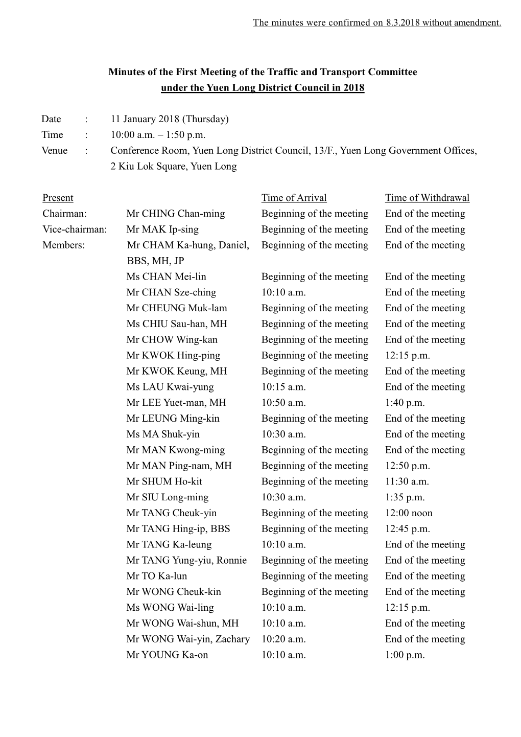 Minutes of the First Meeting of the Traffic and Transport Committee Under the Yuen Long District Council in 2018