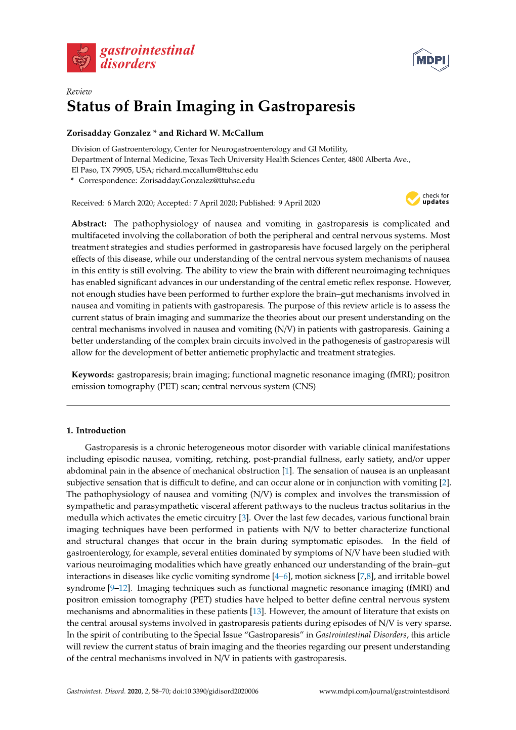 Status of Brain Imaging in Gastroparesis