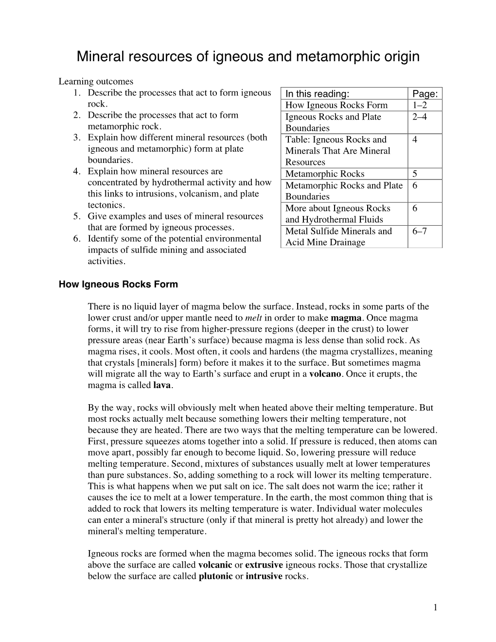 Mineral Resources of Igneous and Metamorphic Origin