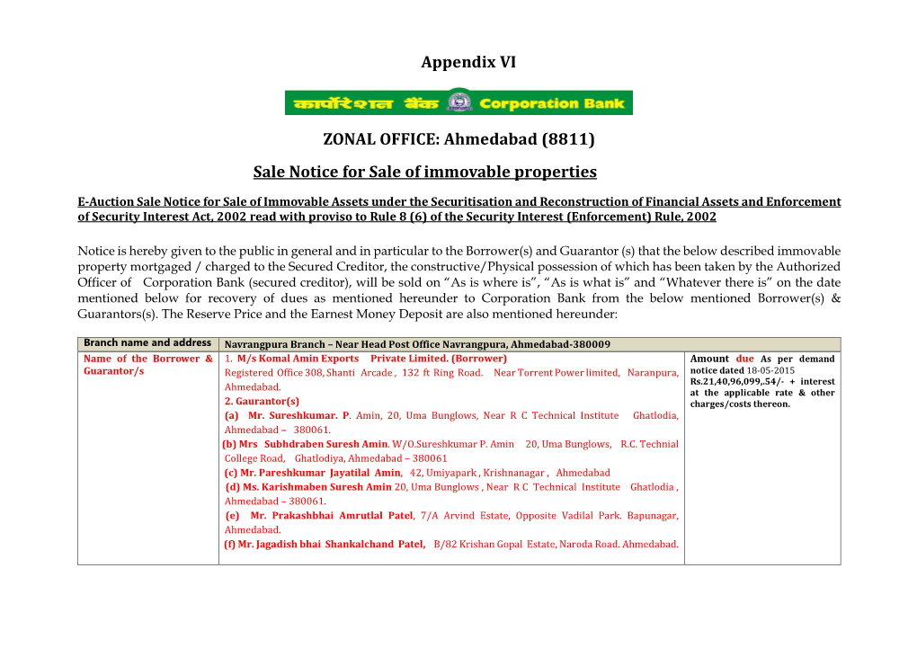 Ahmedabad (8811) Sale Notice for Sale of Immovable Properties