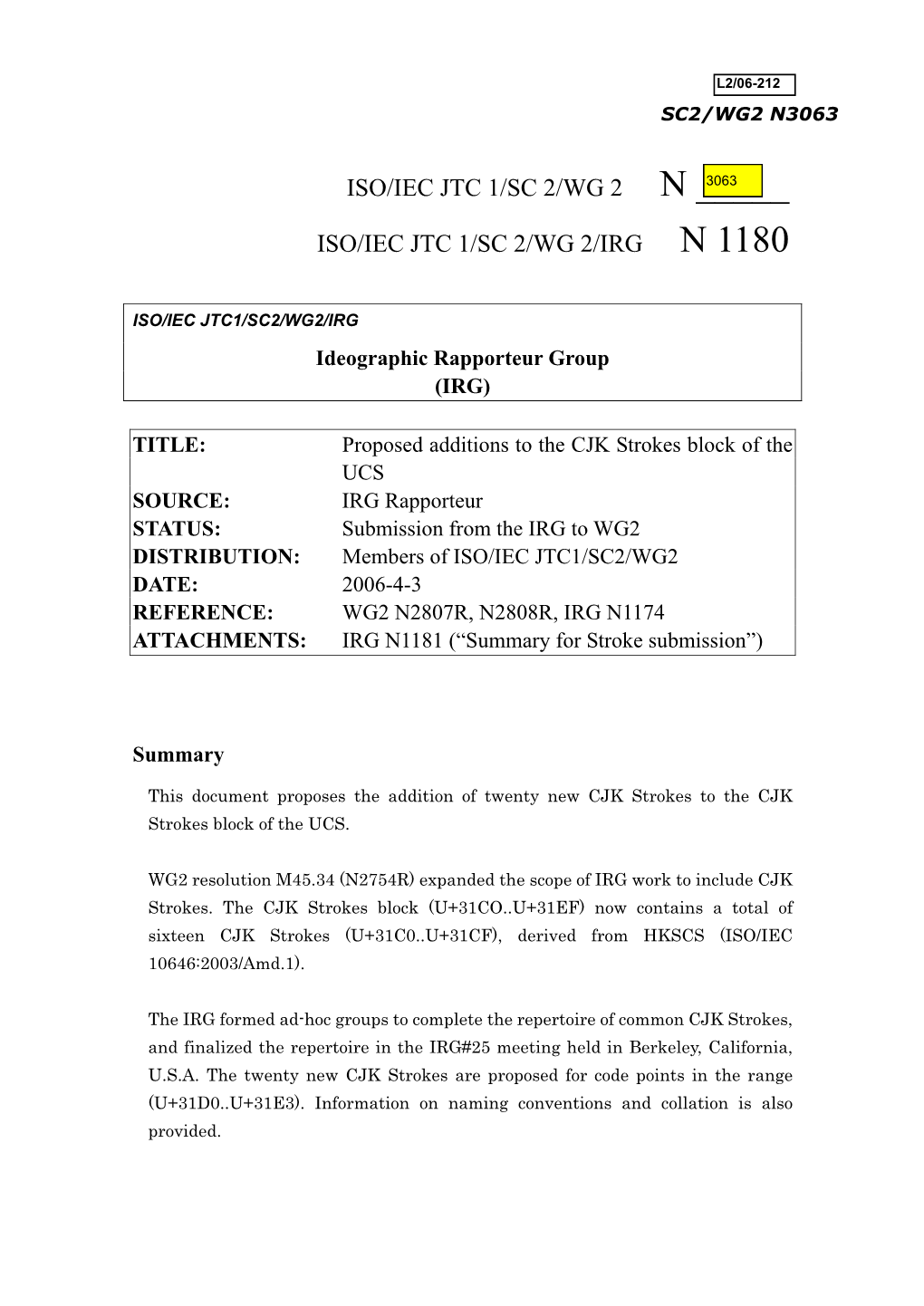 Iso/Iec Jtc 1/Sc 2/Wg 2 N ___Iso/Iec Jtc 1/Sc 2/Wg 2/Irg N 1180