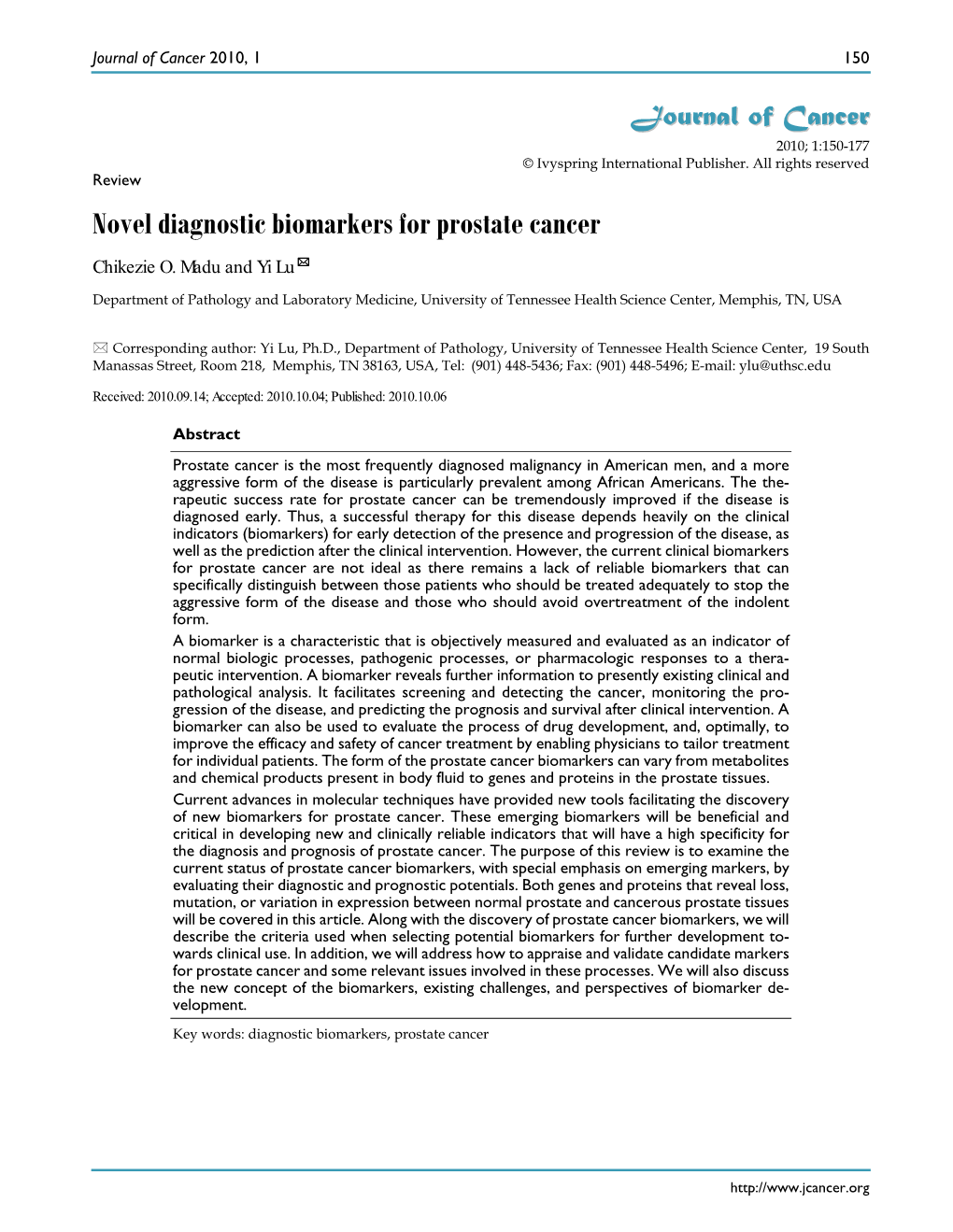 Novel Diagnostic Biomarkers for Prostate Cancer Chikezie O