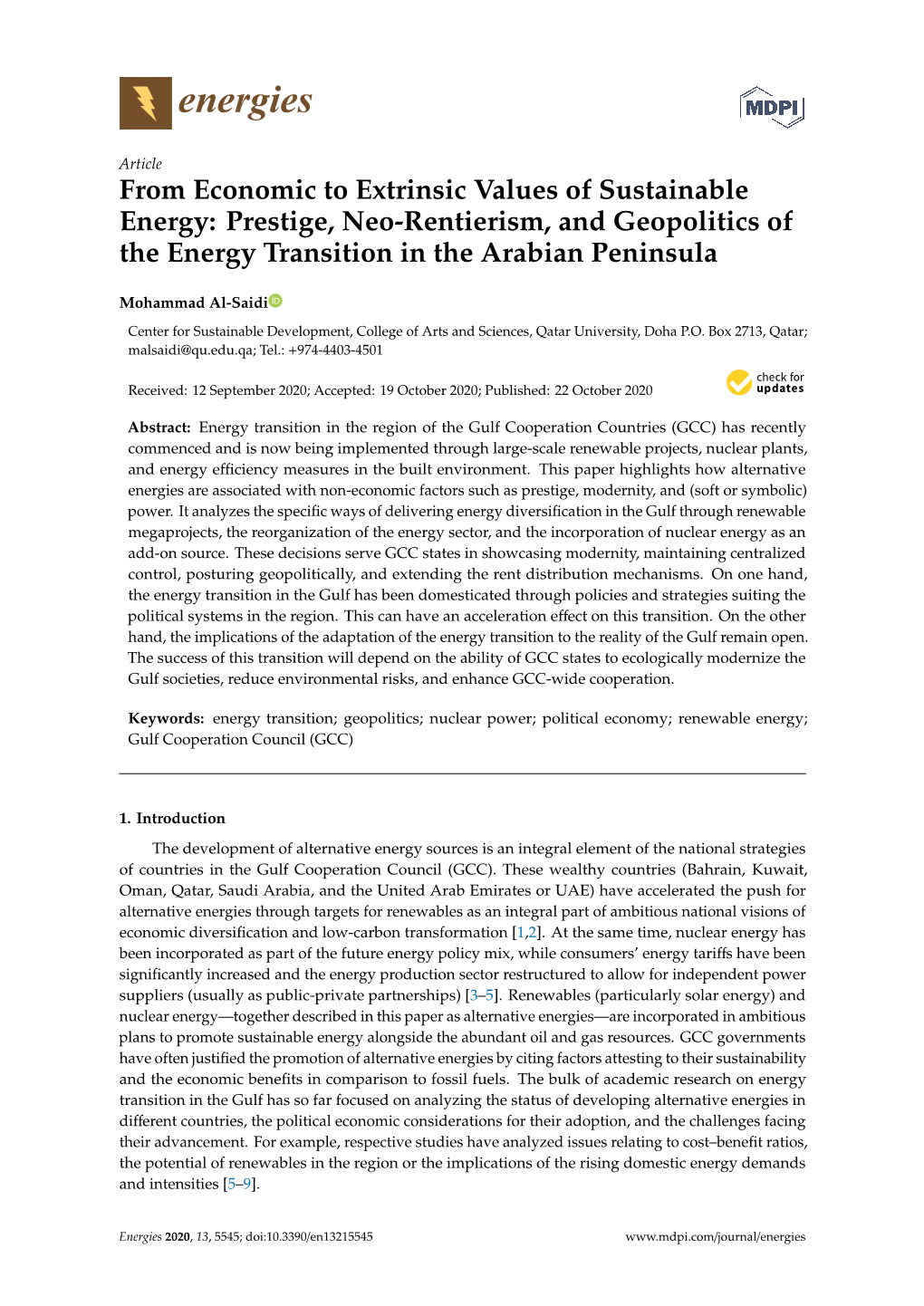 From Economic to Extrinsic Values of Sustainable Energy: Prestige, Neo-Rentierism, and Geopolitics of the Energy Transition in the Arabian Peninsula