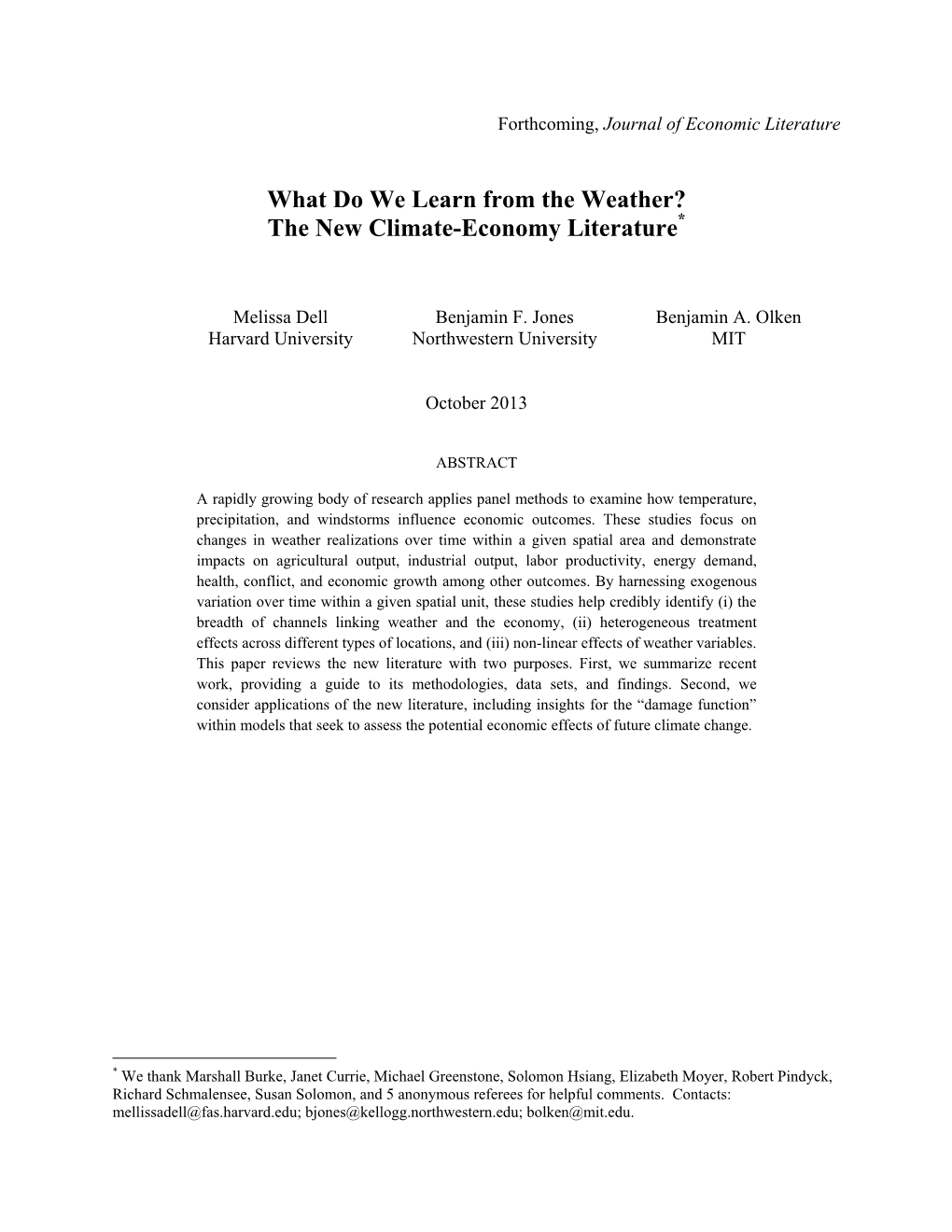 What Do We Learn from the Weather? the New Climate-Economy Literature*