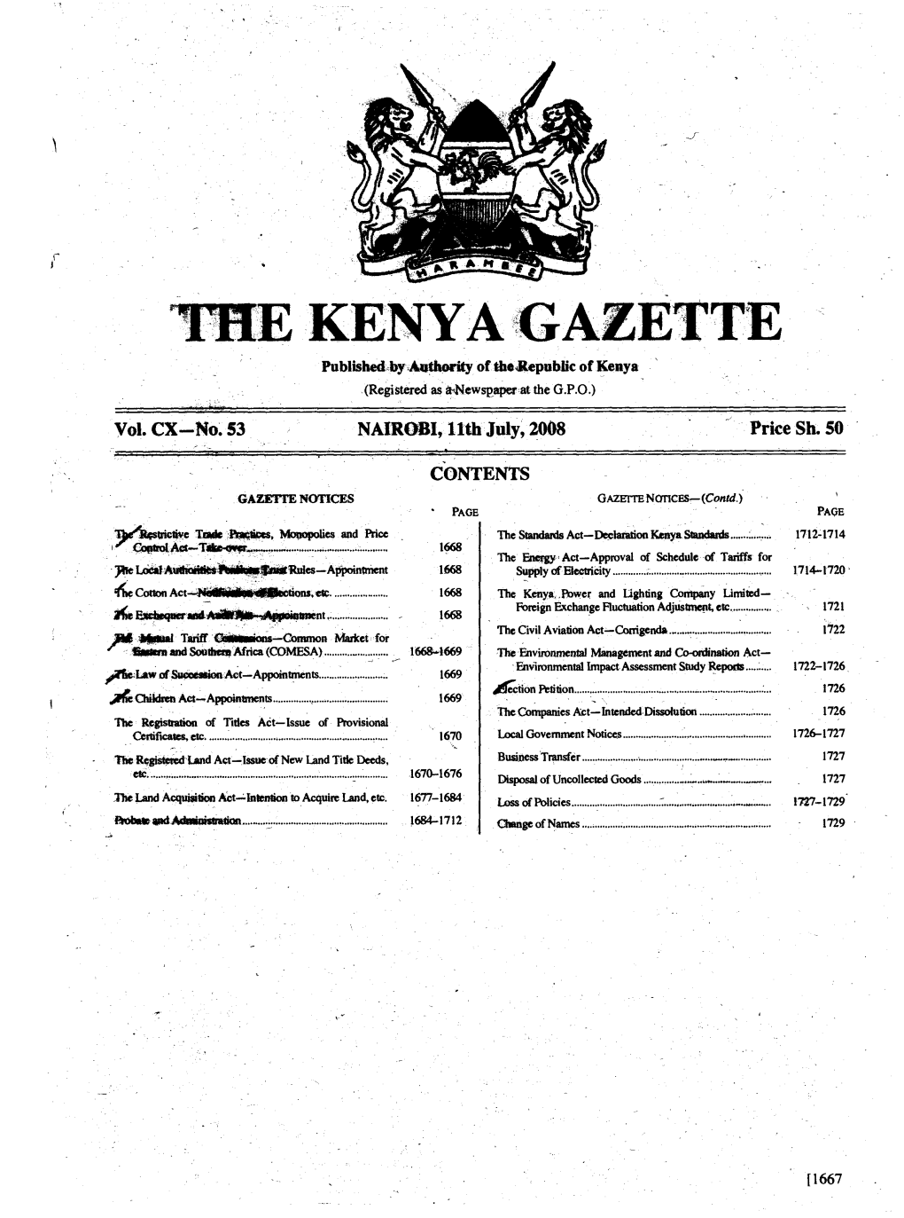 THE ,KENYIVGAZETTE.- Published,By Authority of **Republic of Kenya (Registered As A•Newspaper at the G.P.O.)