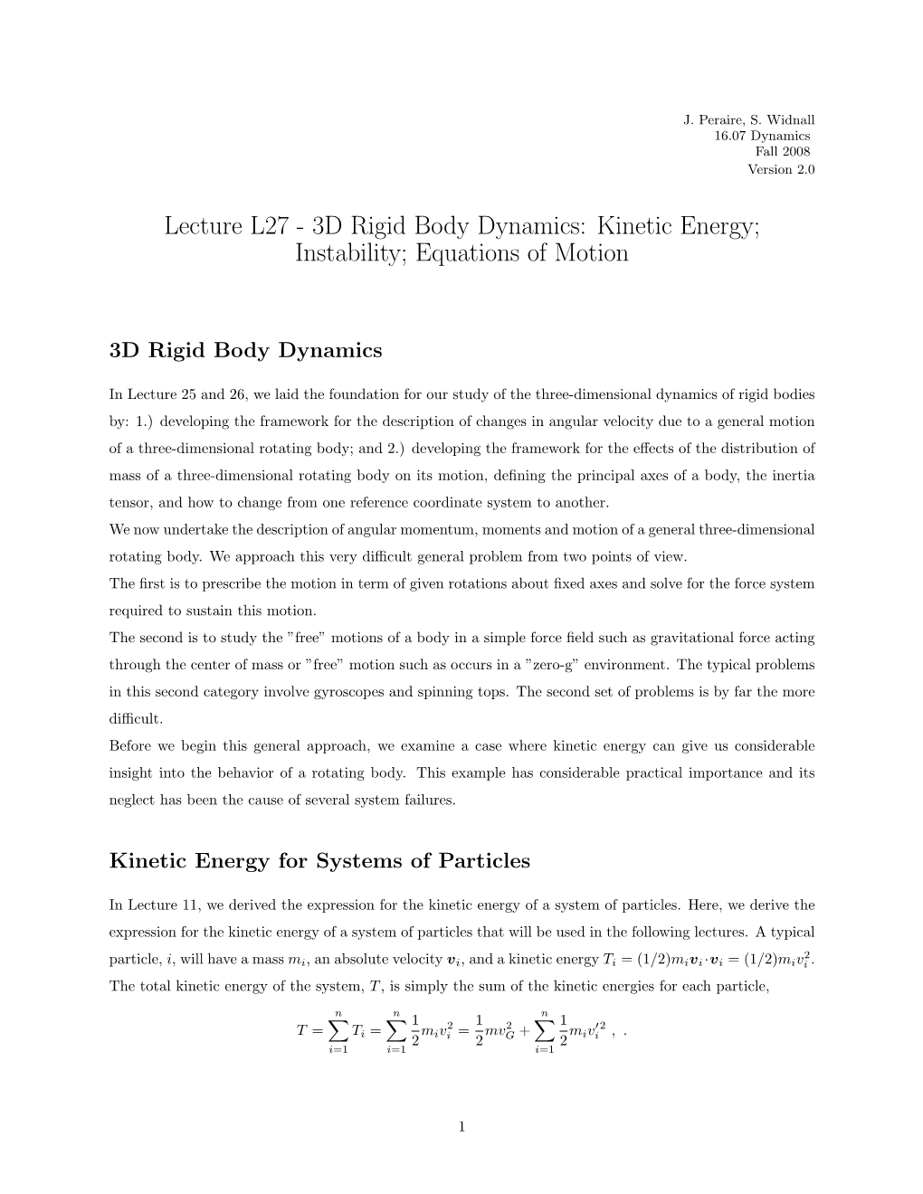 Lecture L27 - 3D Rigid Body Dynamics: Kinetic Energy; Instability; Equations of Motion