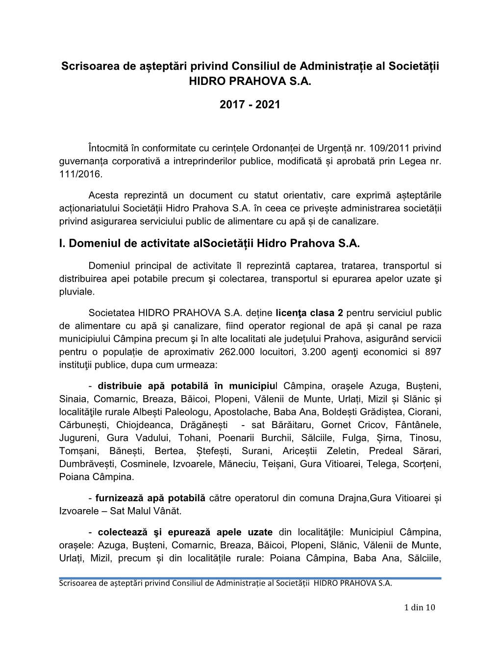 Scrisoarea De Așteptări Privind Consiliul De Administrație Al Societății HIDRO PRAHOVA S.A