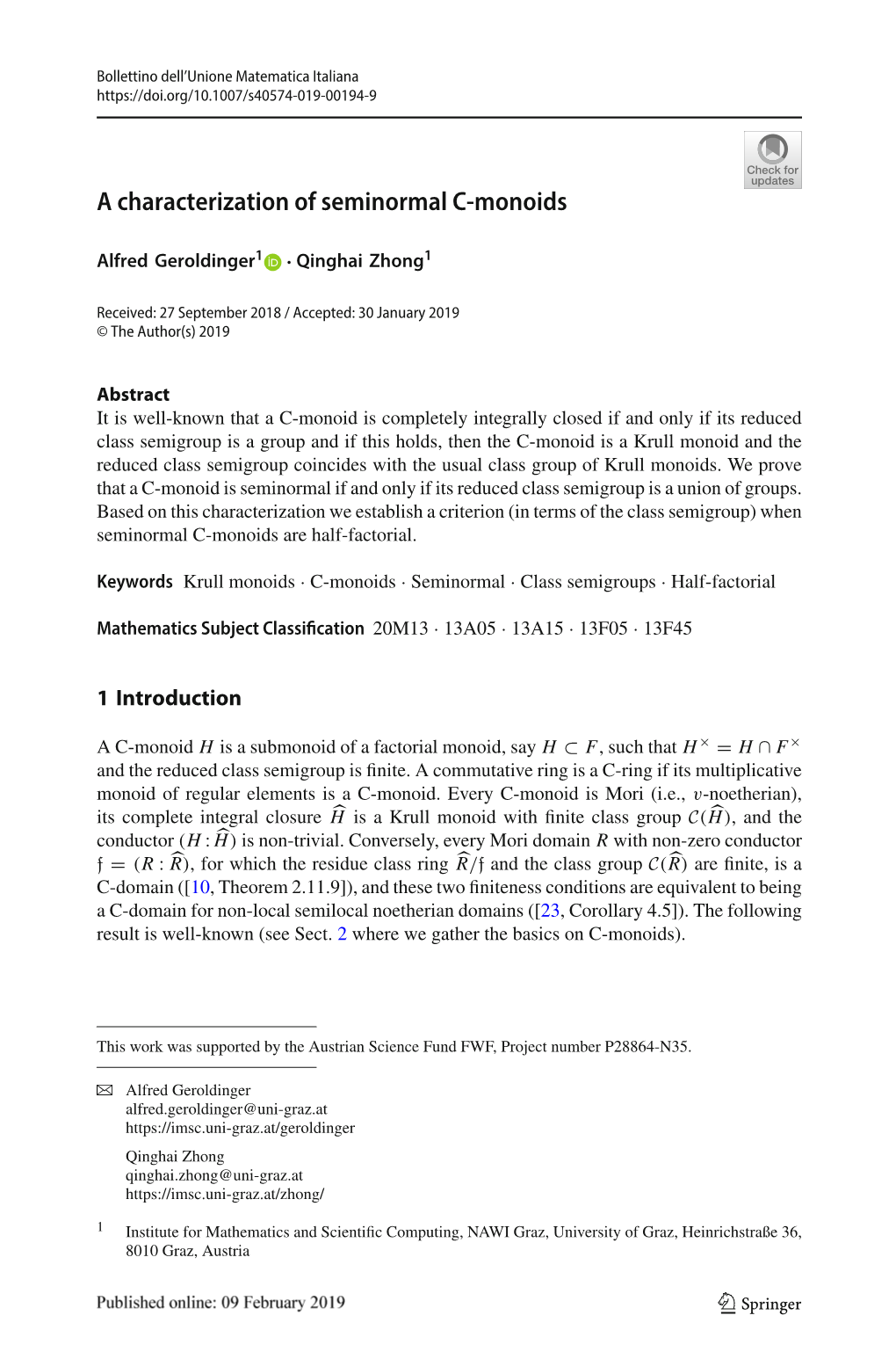 A Characterization of Seminormal C-Monoids