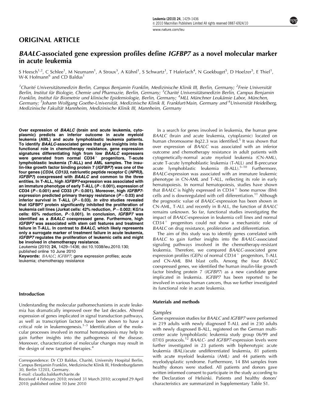 BAALC-Associated Gene Expression Profiles Define IGFBP7 As a Novel