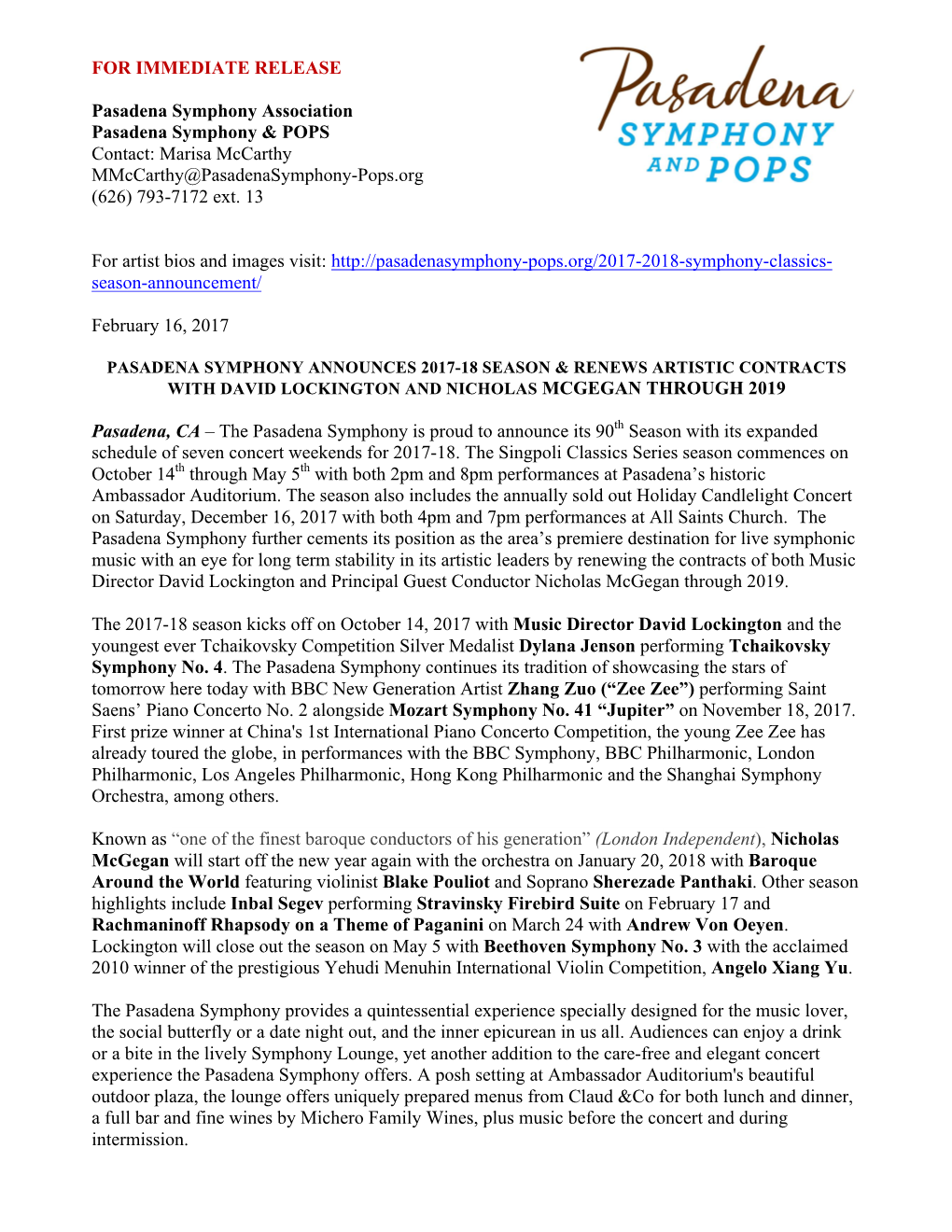 FOR IMMEDIATE RELEASE Pasadena Symphony Association