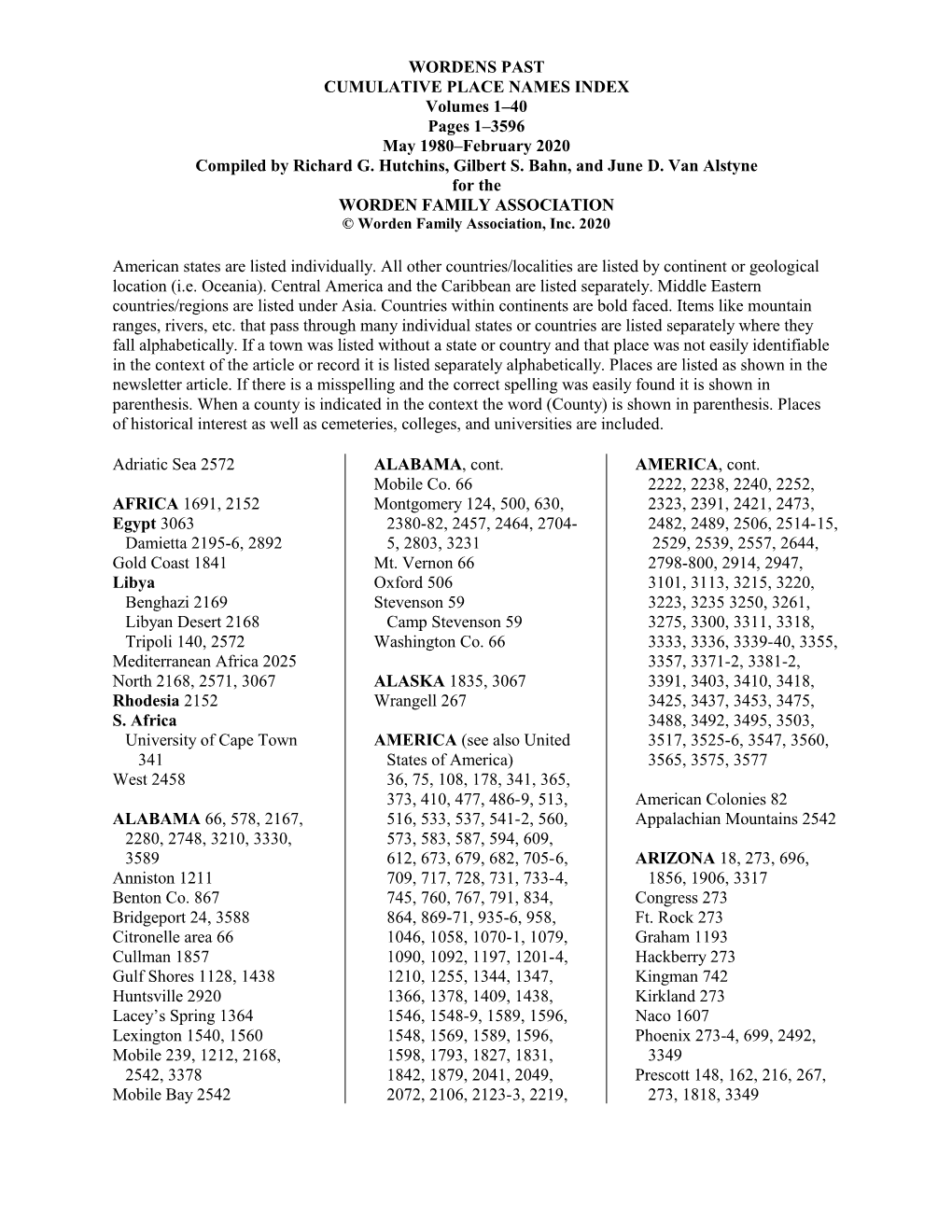 WORDENS PAST CUMULATIVE PLACE NAMES INDEX Volumes 1–40 Pages 1–3596 May 1980–February 2020 Compiled by Richard G