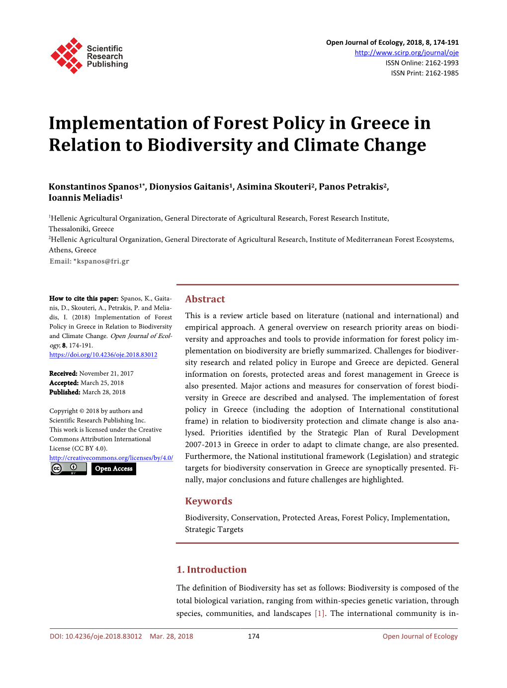 Implementation of Forest Policy in Greece in Relation to Biodiversity and Climate Change